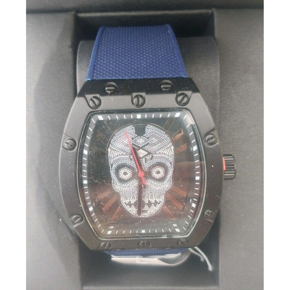 Ed Hardy Watch Skull Face New In Box Blue Band